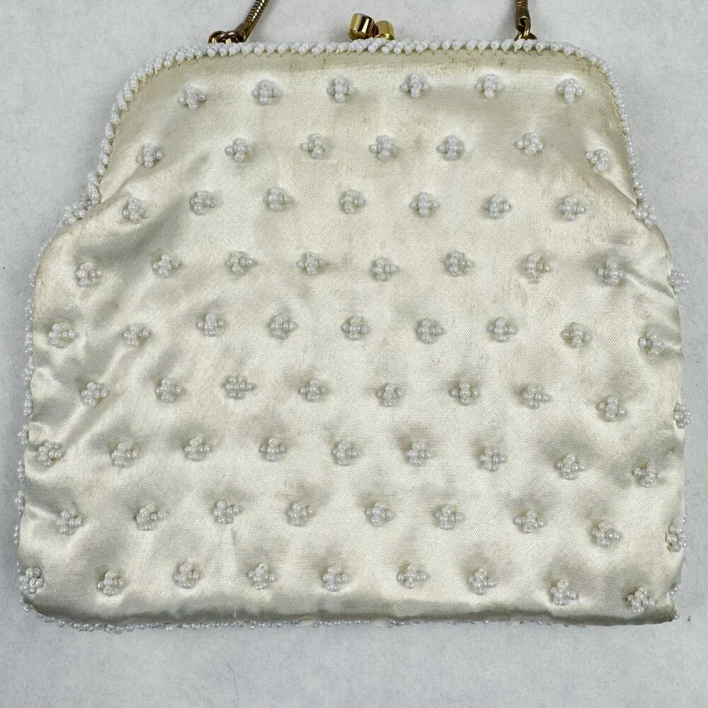 Vintage Womens White Beaded Geometric Floral Evening Bag Small Clutch Purse HK - Picture 5 of 12